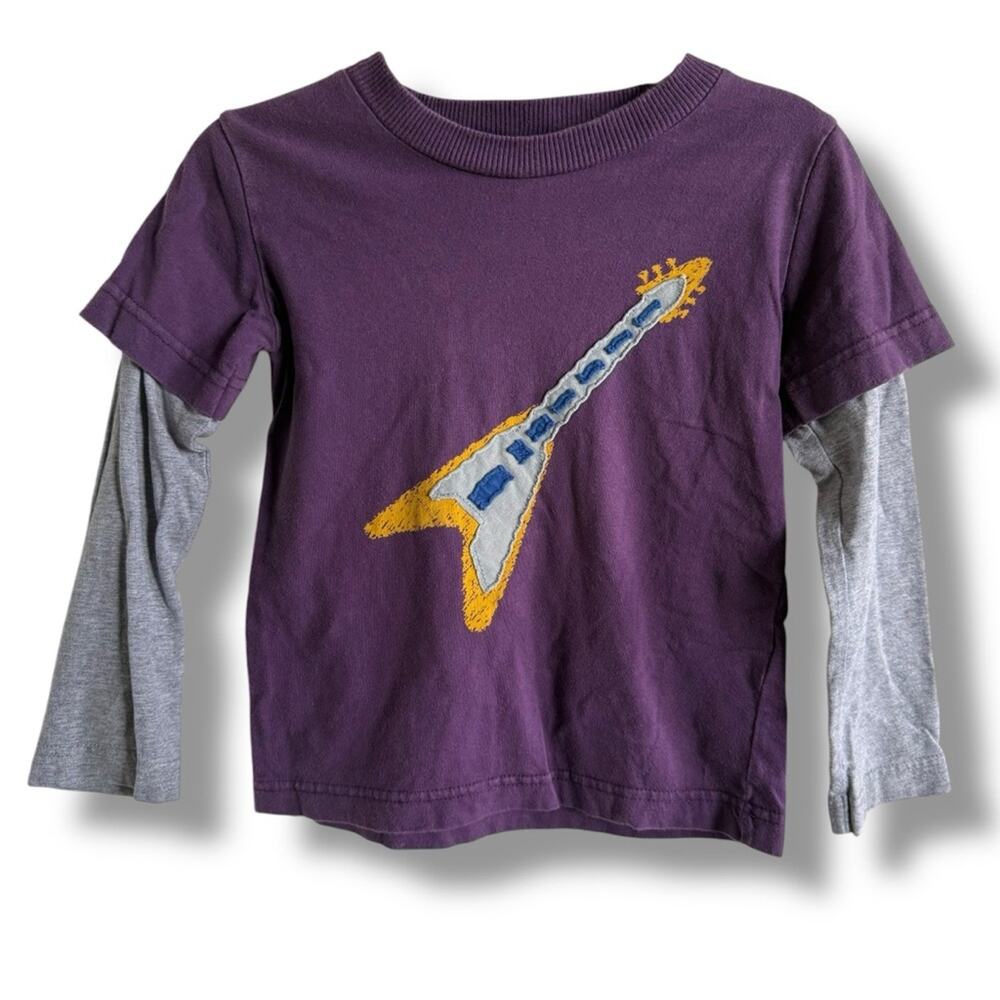 Mini Boden Boys‎ Shirt Sz 3-4 Purple Electric Guitar Applique Gray Layered Look